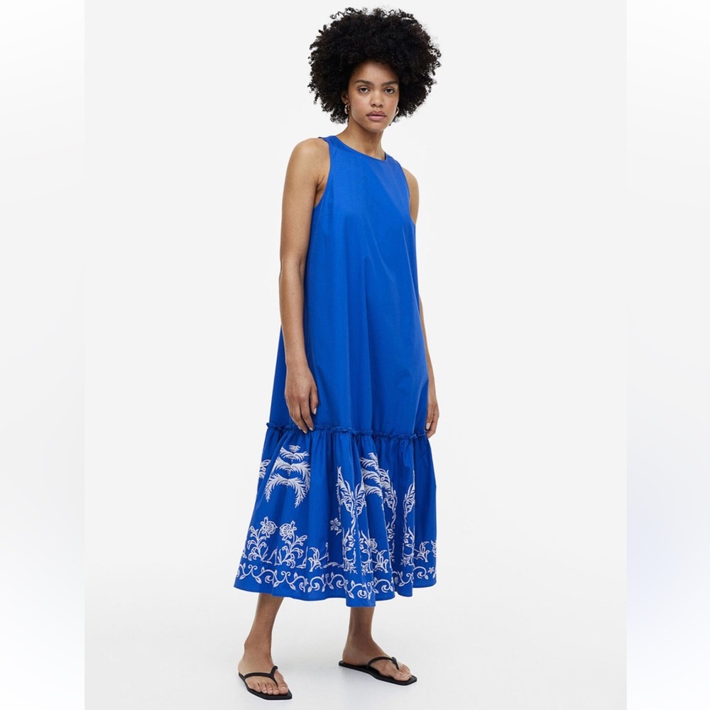 H&M Royal Blue Midi Dress with White Embroidered Palm Accents Cotton Size S